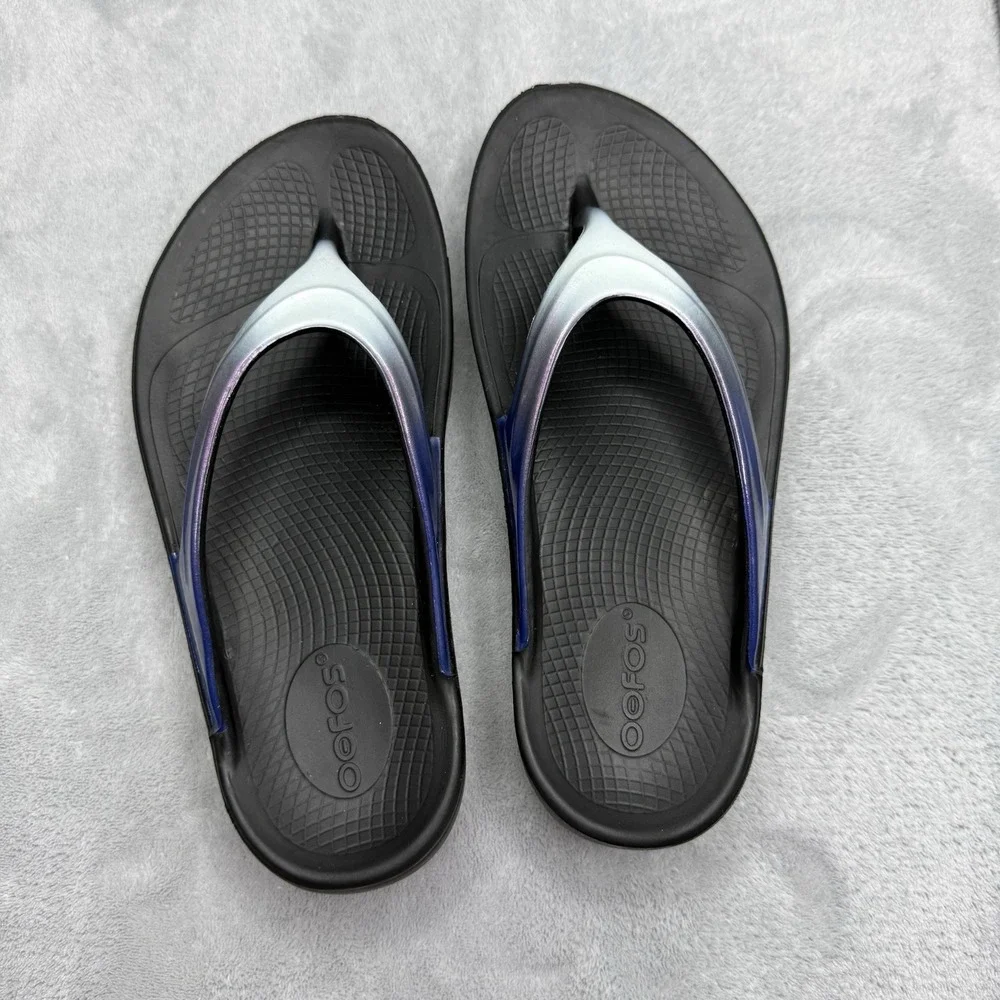 OOFOS OOlala Sandals Women's US 6 EU 37 Black Iridescent Recovery Flip Flops